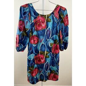 Vintage Kiyomi of Hawaii Watercolor Floral Flower Dress Blue Red